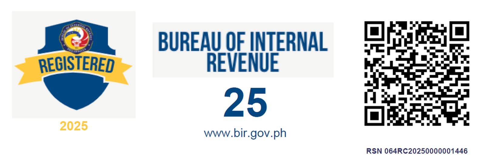 BIR Registered seal: Bureau of Internal Revenue shield, registration mark, and verification QR code