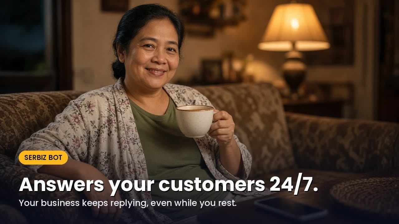 A woman relaxes on a sofa with a cup of coffee, a phone on the table beside her, with the caption Answers your customers 24/7. Your business keeps replying, even while you rest.