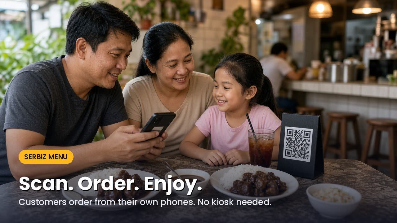 A family at a restaurant table smiles at a phone, with a QR code menu stand beside them, with the caption Scan. Order. Enjoy. Customers order from their own phones. No kiosk needed.