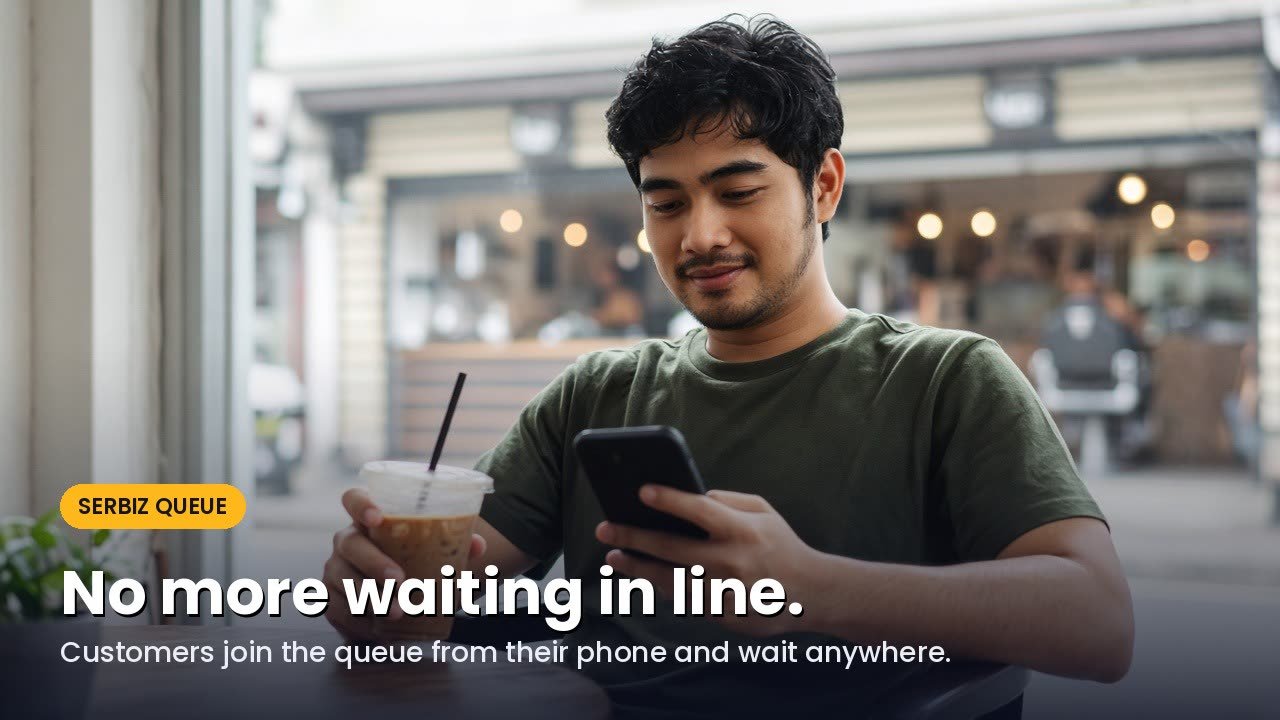 A man at a café table with an iced coffee looks at his phone, with the caption No more waiting in line. Customers join the queue from their phone and wait anywhere.