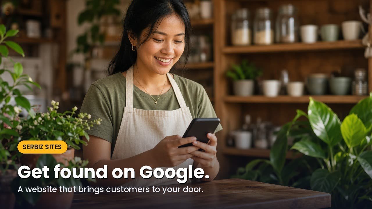 A woman in an apron at a shop counter looks at her phone, with the caption Get found on Google. A website that brings customers to your door.